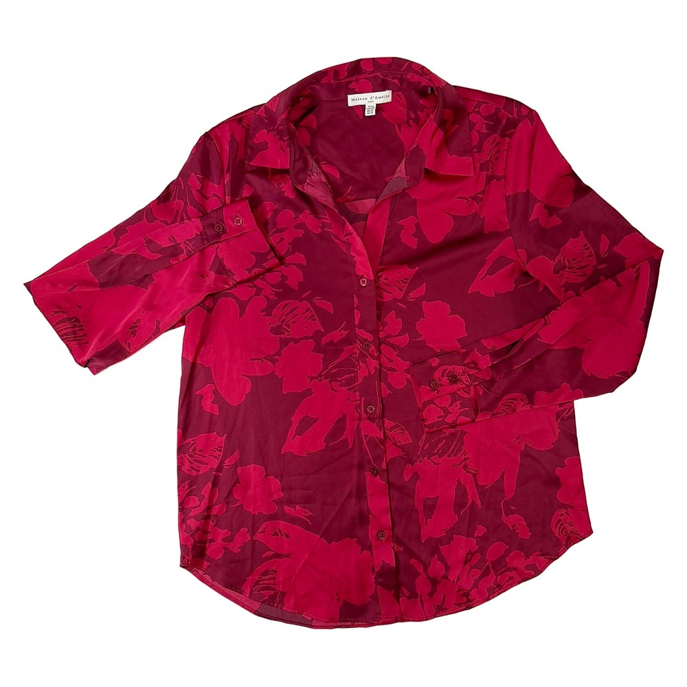 Maison d'Amelie Paris Floral Satin Button Down Blouse Magenta Burgundy XS